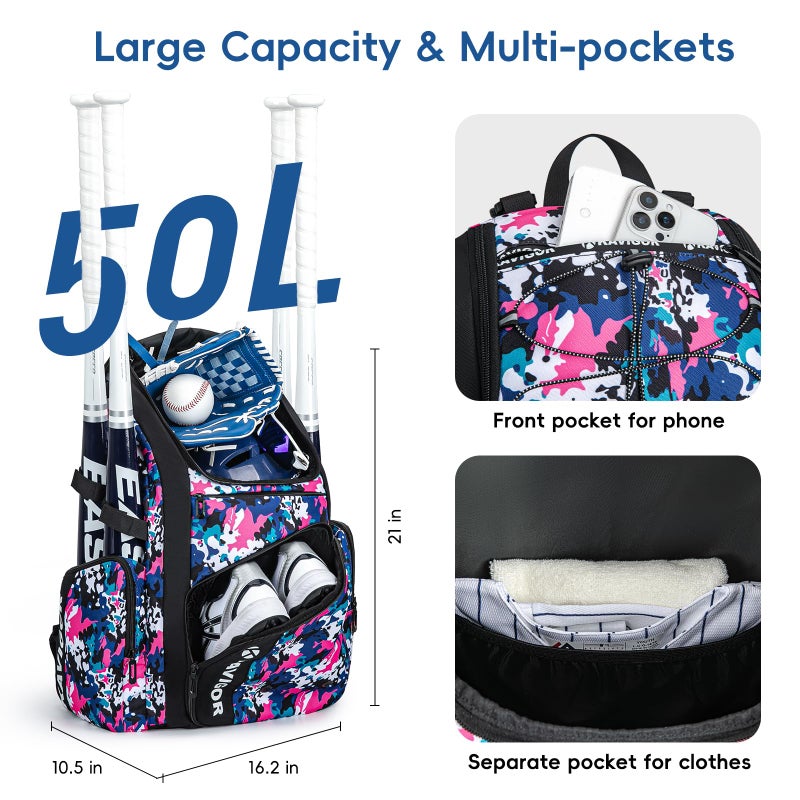 KAVIGOR Baseball Bag for Youth and Adult, Softball Bag 50L Large Capacity Holds 4 Bats, Equipment Backpack with Shoes Compartment - Image 2