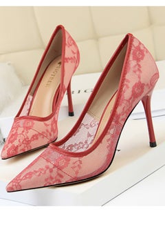 BIGTREE Women's Elegant Lace Stiletto Pumps 9CM Elegant Gorgeous Closed Pointed Toe Slip On Solid High Heels Red  - Image 1