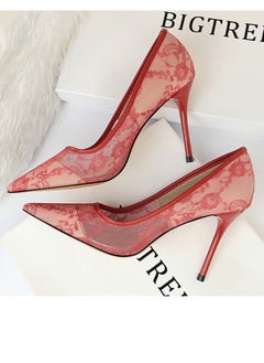 BIGTREE Women's Elegant Lace Stiletto Pumps 9CM Elegant Gorgeous Closed Pointed Toe Slip On Solid High Heels Red  - Image 3