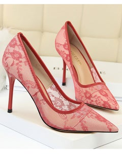 BIGTREE Women's Elegant Lace Stiletto Pumps 9CM Elegant Gorgeous Closed Pointed Toe Slip On Solid High Heels Red  - Image 2