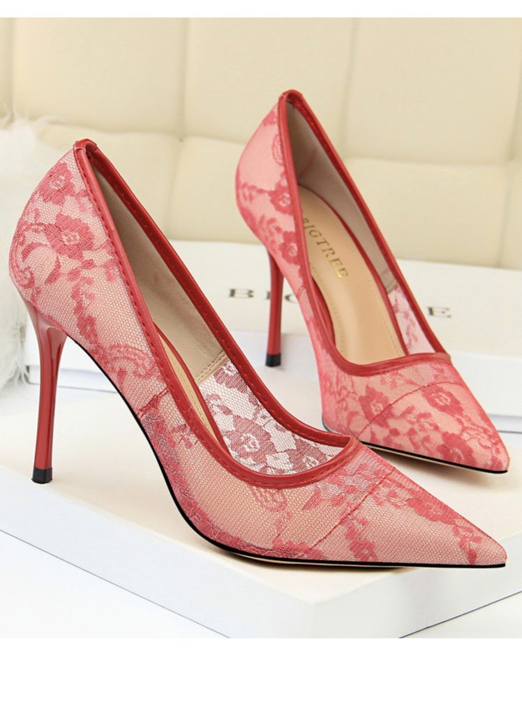 BIGTREE Women's Elegant Lace Stiletto Pumps 9CM Elegant Gorgeous Closed Pointed Toe Slip On Solid High Heels Red  - Image 2