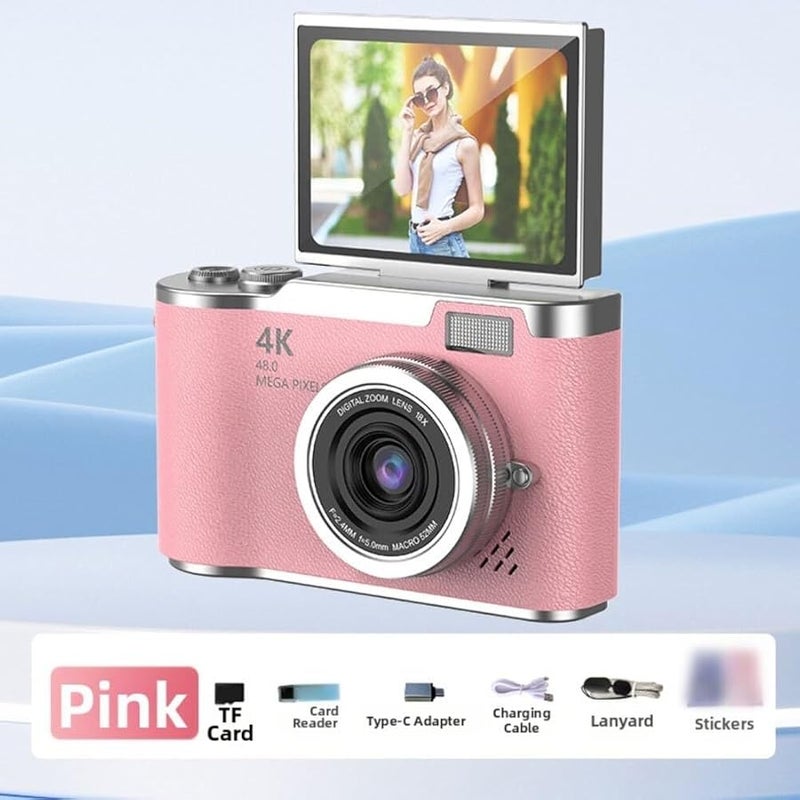 Pink 4K 48MP Digital Camera With 180 Flip Screen 8X Zoom Compact For Students 32G - Image 2