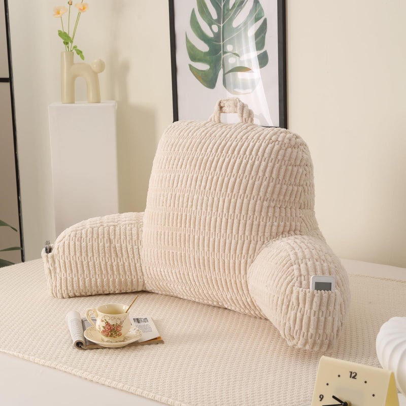 PAJEO Reading Pillow for Sitting in Bed,Large Backrest Reading Pillow with Arm Rest,Back Rest Support Cushion for Sit Up on Couch,Sofa,and Floor(White Corduroy,Standard(17")) - Image 1