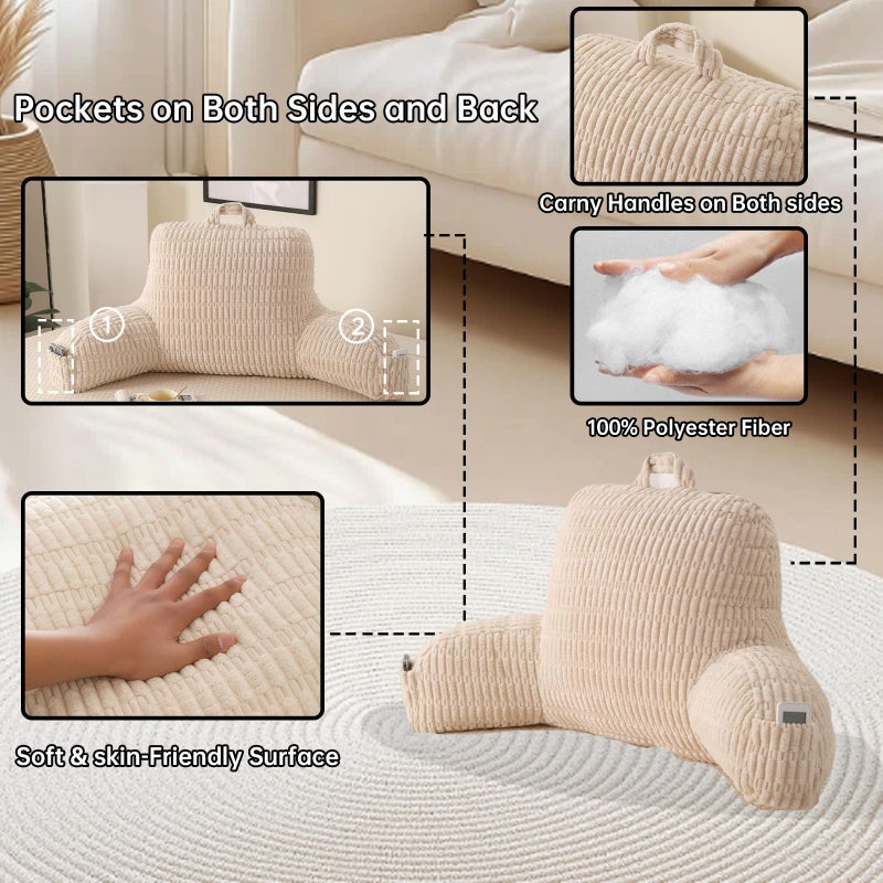 PAJEO Reading Pillow for Sitting in Bed,Large Backrest Reading Pillow with Arm Rest,Back Rest Support Cushion for Sit Up on Couch,Sofa,and Floor(White Corduroy,Standard(17")) - Image 5