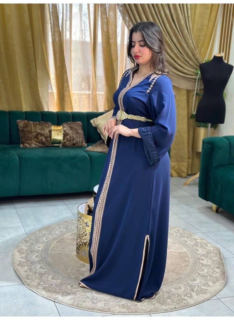 Al Merrakchiya Women’s Long Caftan / Kaftan Tunic Dress – Maxi Crepe Kaftan | Soft & Comfortable jalabiya For Womens | Modest Traditional Dress for Daily Wear - Navy Blue-CM5 - Image 3