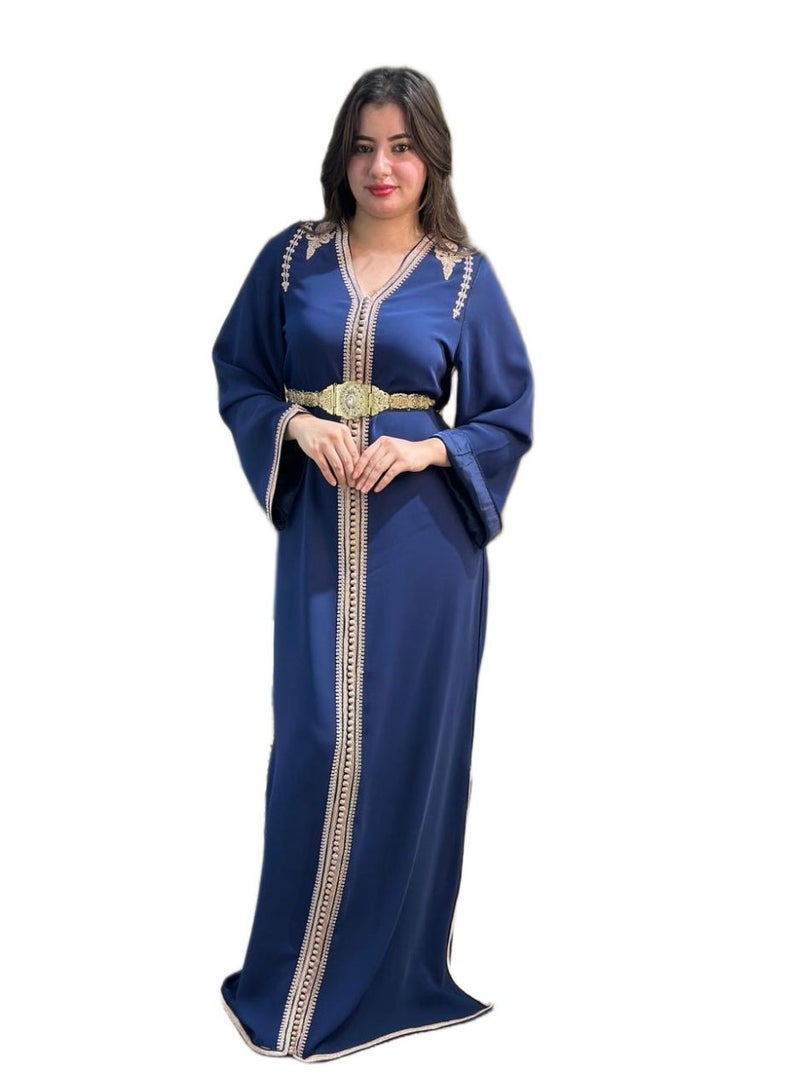 Al Merrakchiya Women’s Long Caftan / Kaftan Tunic Dress – Maxi Crepe Kaftan | Soft & Comfortable jalabiya For Womens | Modest Traditional Dress for Daily Wear - Navy Blue-CM5 - Image 1
