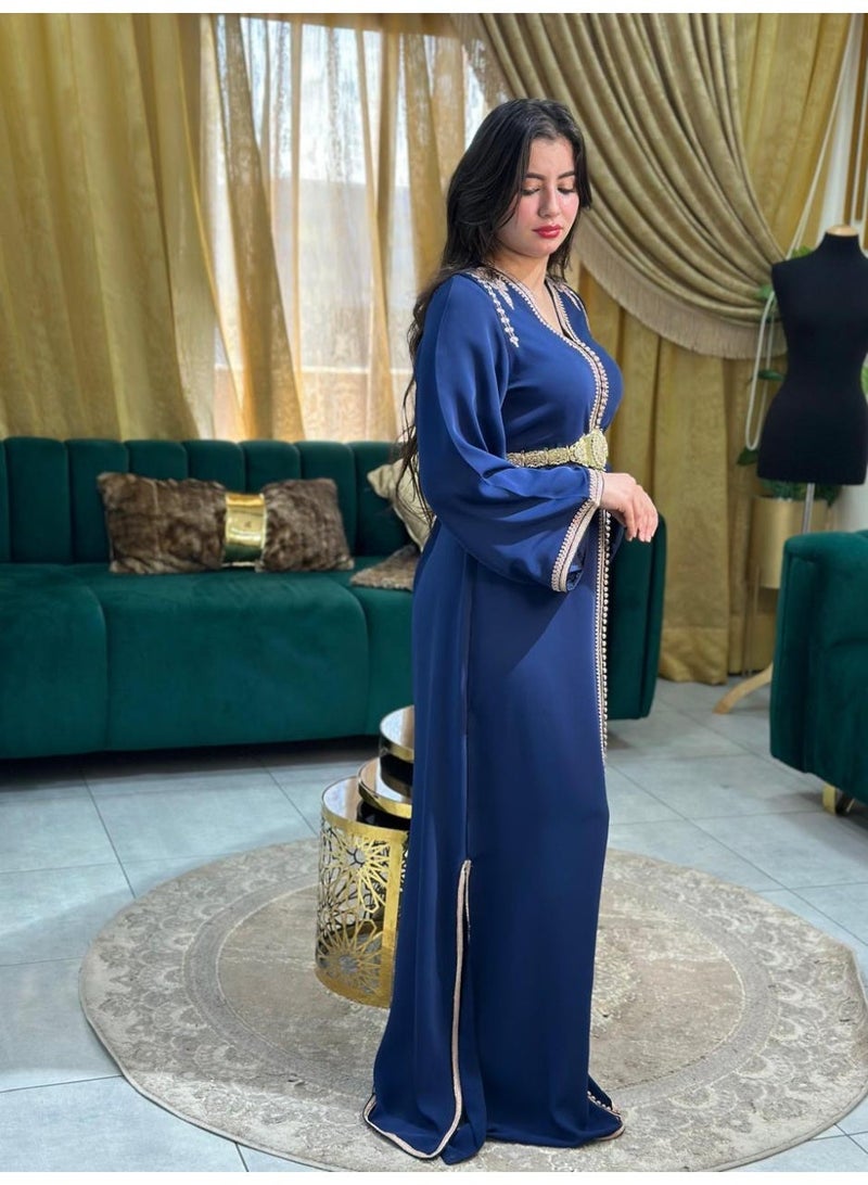 Al Merrakchiya Women’s Long Caftan / Kaftan Tunic Dress – Maxi Crepe Kaftan | Soft & Comfortable jalabiya For Womens | Modest Traditional Dress for Daily Wear - Navy Blue-CM5 - Image 2