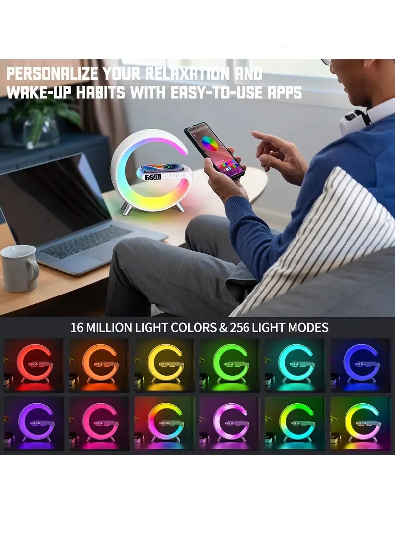 مصباح طاولة قابل للتعتيم RGB مصباح طاولة قابل للتعتيم إيقاع الضوء الذكي المنبه للاستيقاظ مع شاحن لاسلكي سريع لغرفة النوم في السكن الجامعي