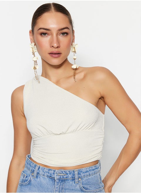 Ecru Crop Lined Shiny Knitted Bustier TPRSS23BS00011