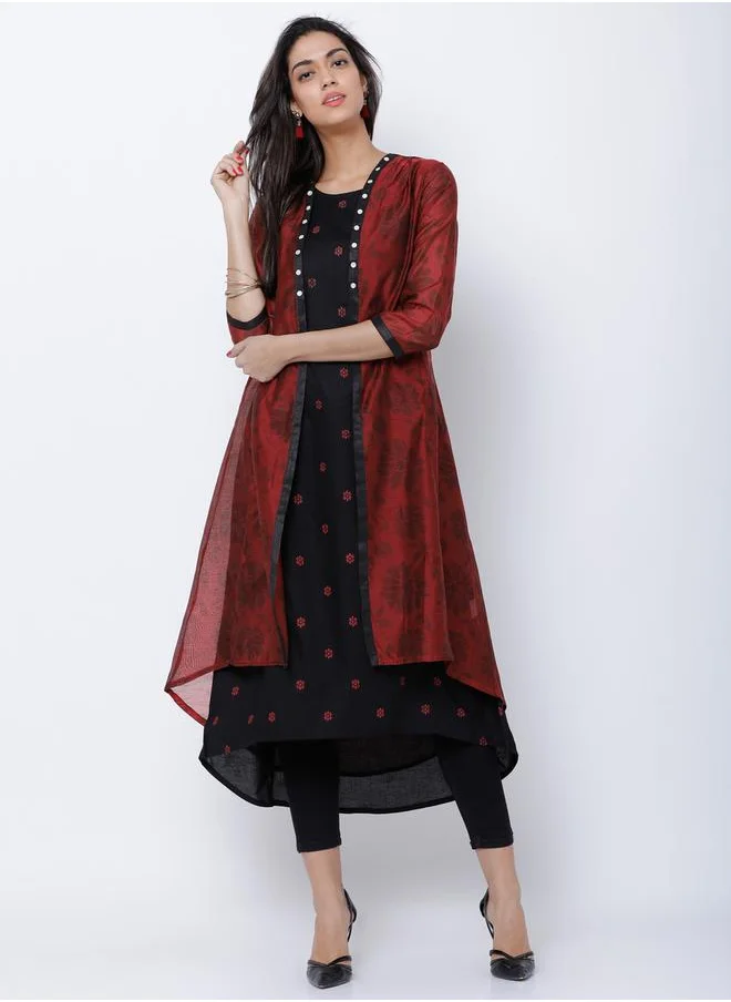 فيشود Women Black & Maroon Printed A-Line Kurta by Styli