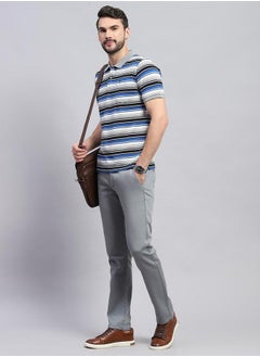 Monte Carlo Men Grey & Blue Striped Collared Neck Half Sleeve Tshirt by Styli  - Image 5
