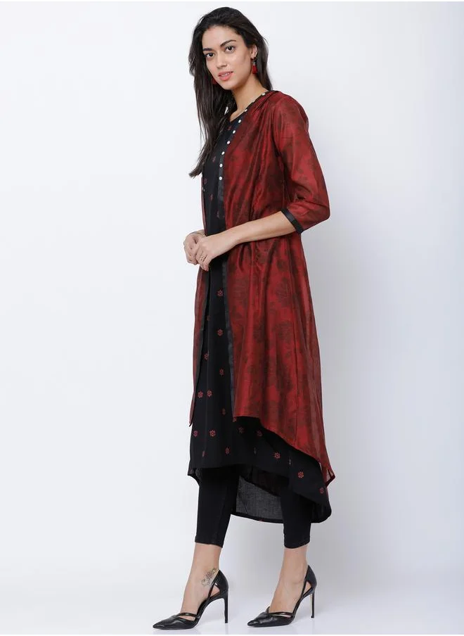 فيشود Women Black & Maroon Printed A-Line Kurta by Styli