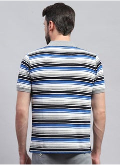 Monte Carlo Men Grey & Blue Striped Collared Neck Half Sleeve Tshirt by Styli  - Image 4