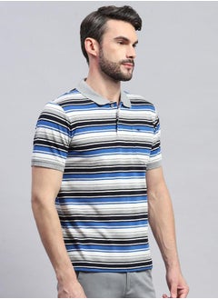 Monte Carlo Men Grey & Blue Striped Collared Neck Half Sleeve Tshirt by Styli  - Image 3