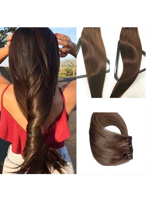Medium Brown Human Hair Extensions Clip on 70g 7 Pieces Silky Straight Weft Remy Hair