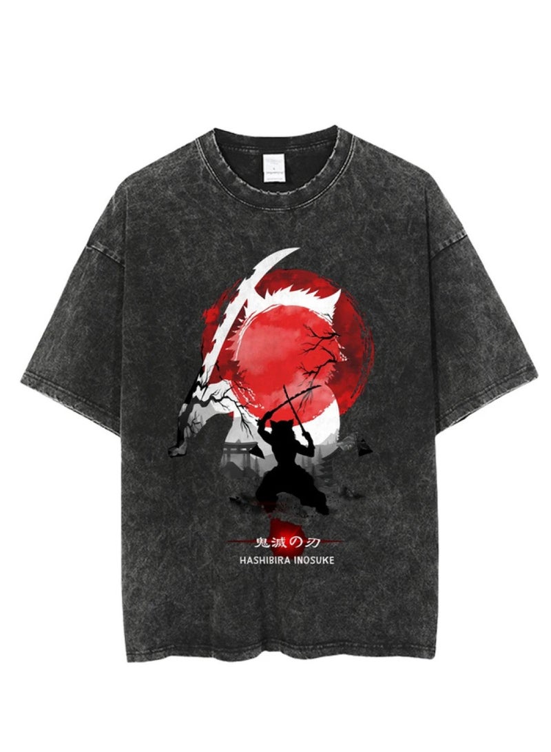 Washed retro T-shirt street hip hop anime Demon Slayer Kimetsu No Yaiba casual cotton summer short sleeves - Image 1