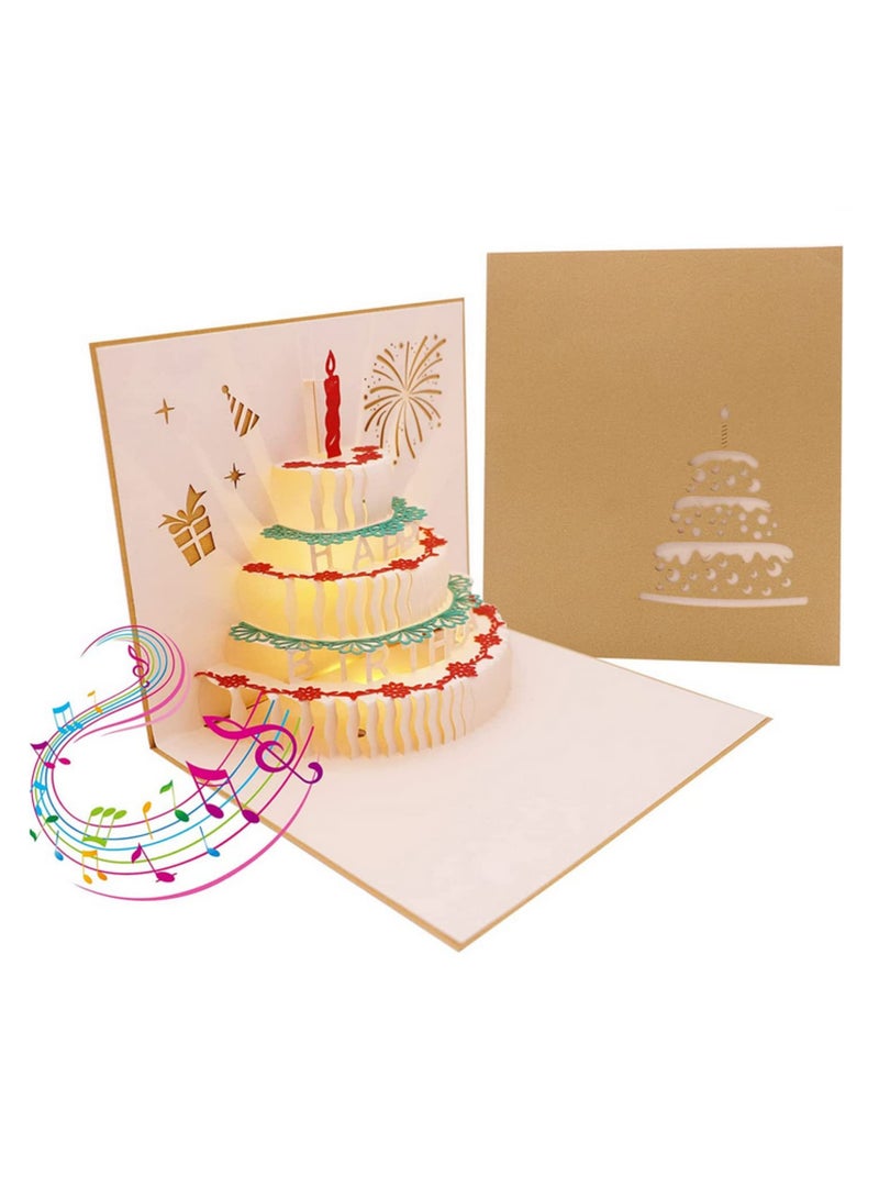 Generic 1PCS Music Birthday Card 3D Pop Up Musical Greeting Card for Kids Baby Shown Gold LED Colourful Light Happy Birthday Cake Changeable Colors Warming Gift for Friends Party Postcards  - Image 1