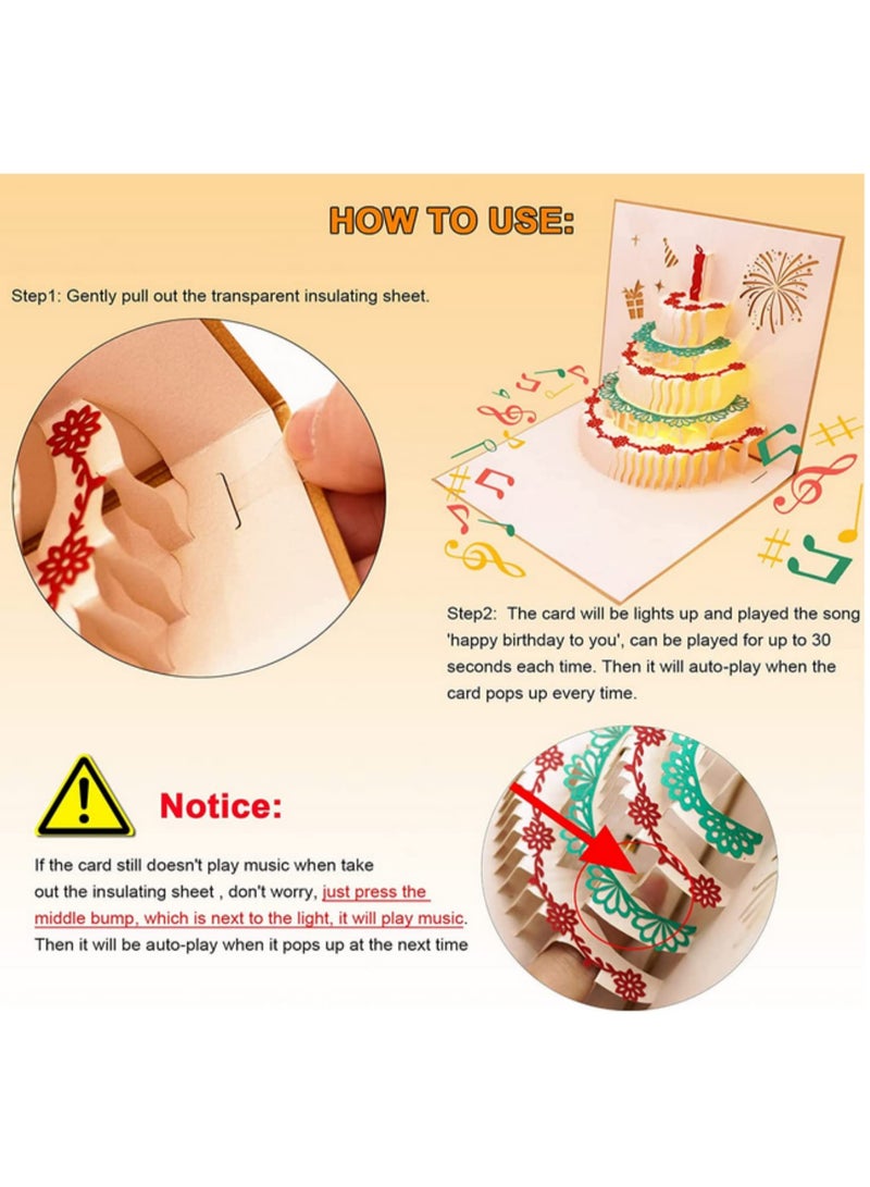 Generic 1PCS Music Birthday Card 3D Pop Up Musical Greeting Card for Kids Baby Shown Gold LED Colourful Light Happy Birthday Cake Changeable Colors Warming Gift for Friends Party Postcards  - Image 2
