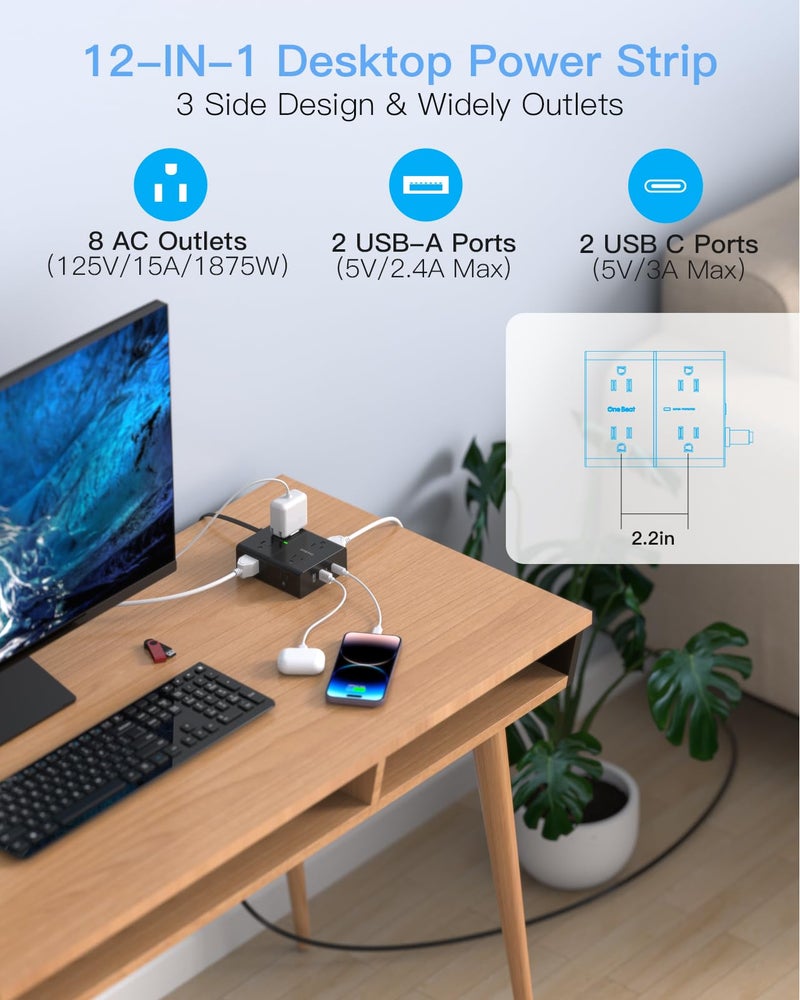 One Beat 10Ft Extension Cord with Multiple Outlets, Flat Plug Power Strip Surge Protector 10 Ft Long Cord, 8 Outlet 4 USB Ports (2 USB C), Multi Outlet Wall Plug for Office, College, Dorm Room Essentials - Image 2
