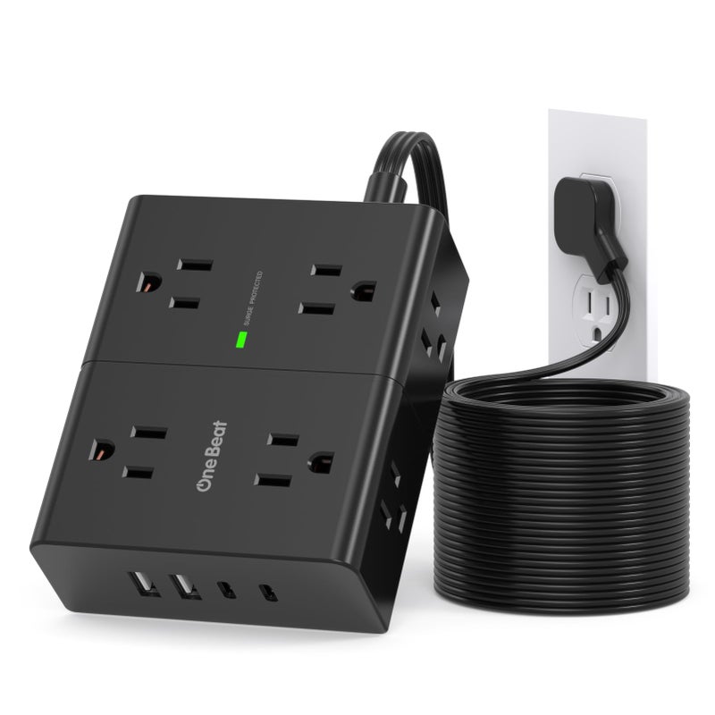 One Beat 10Ft Extension Cord with Multiple Outlets, Flat Plug Power Strip Surge Protector 10 Ft Long Cord, 8 Outlet 4 USB Ports (2 USB C), Multi Outlet Wall Plug for Office, College, Dorm Room Essentials - Image 1