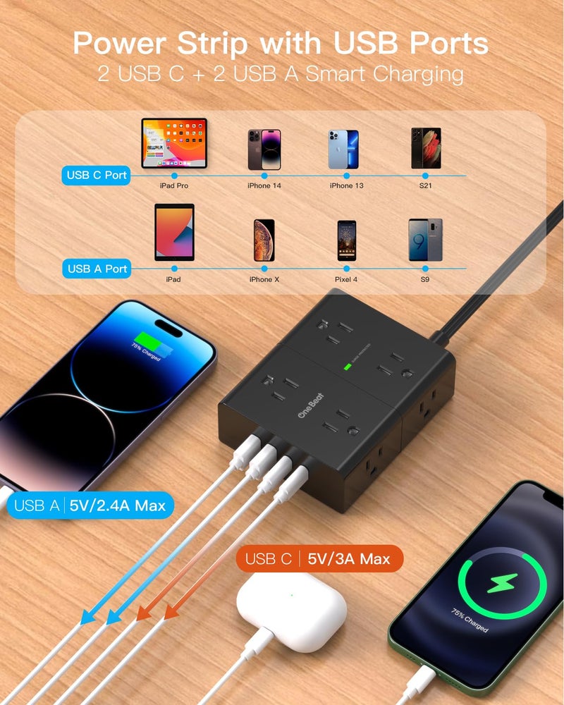 One Beat 10Ft Extension Cord with Multiple Outlets, Flat Plug Power Strip Surge Protector 10 Ft Long Cord, 8 Outlet 4 USB Ports (2 USB C), Multi Outlet Wall Plug for Office, College, Dorm Room Essentials - Image 3
