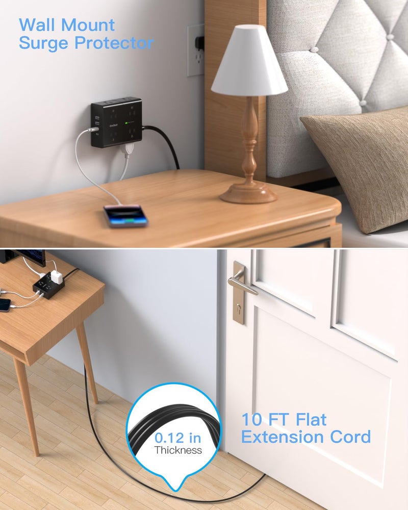 One Beat 10Ft Extension Cord with Multiple Outlets, Flat Plug Power Strip Surge Protector 10 Ft Long Cord, 8 Outlet 4 USB Ports (2 USB C), Multi Outlet Wall Plug for Office, College, Dorm Room Essentials - Image 5