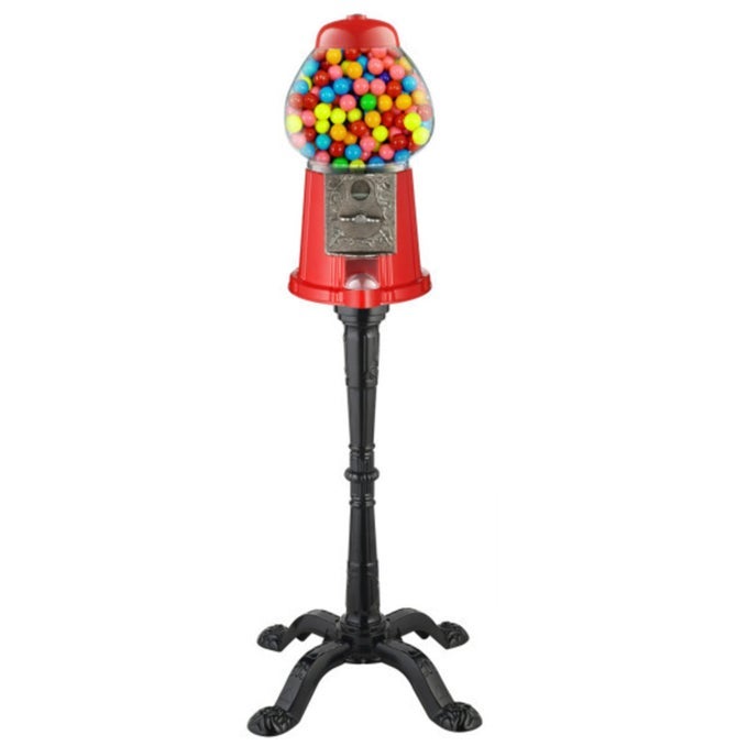 15 GUMBALL MACHINE WITH STAND AND COIN BANK BUBBLE GUM MACHINE CANDY DISPENSER VENDING MACHINE WITH GLASS GLOBE AND METAL BASE VINTAGE STYLE GUM BALL MACHINE BY GREAT NORTHERN POPCORN RED