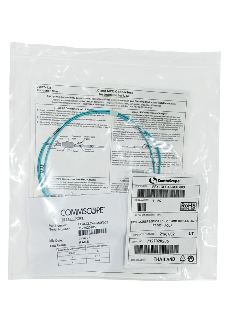 CommScope Laser Optimized Duplex Fiber Optic Patch Cable LC-LC, 1.6mm, 1 Meter, Aqua