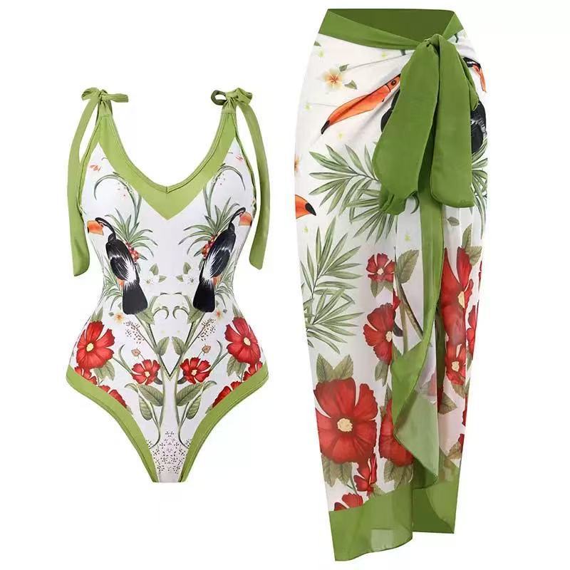 2026 Edition Printed Two-Piece Conservative Swimsuit With Tie-Up Hip Skirt For Swimwear - Image 1