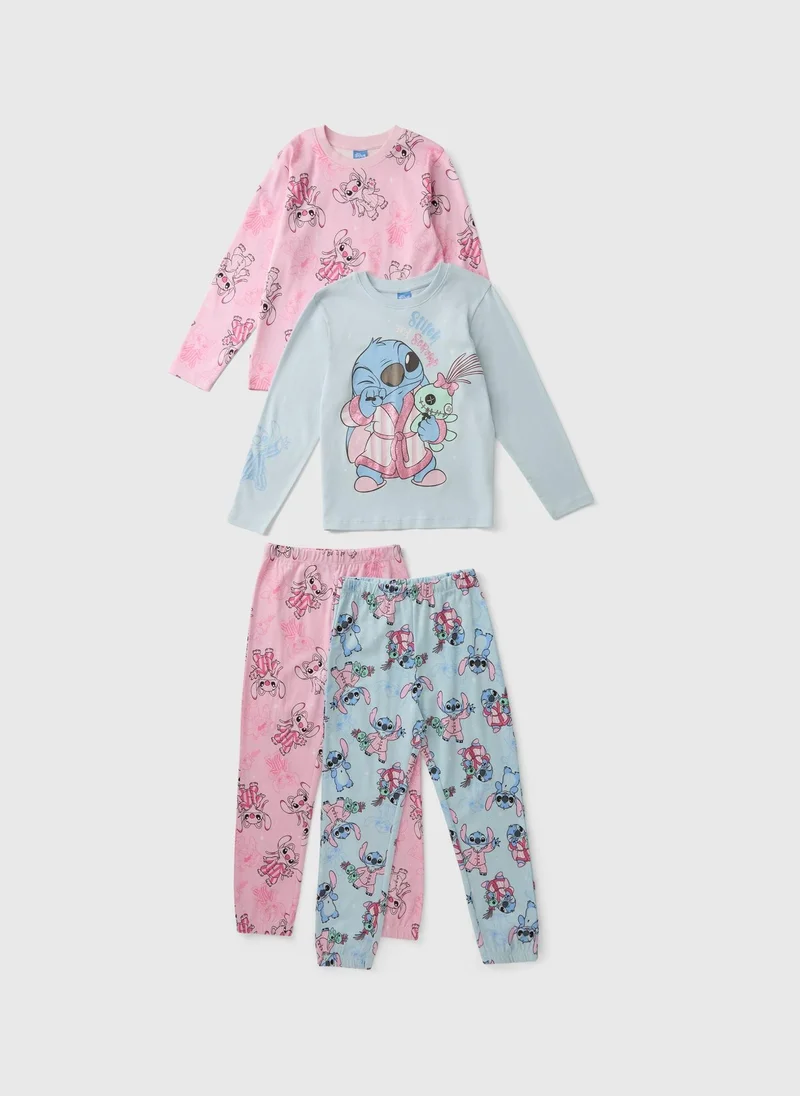 Matalan Disney 2 Pack Girls Blue Stitch Pyjama Set