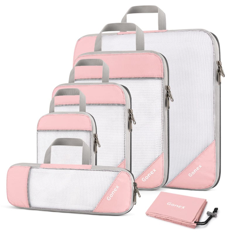 Gonex Compression Packing Cubes Mesh Organizers L+M+S+XS+Slim+Laundry Bag Pink - Image 1