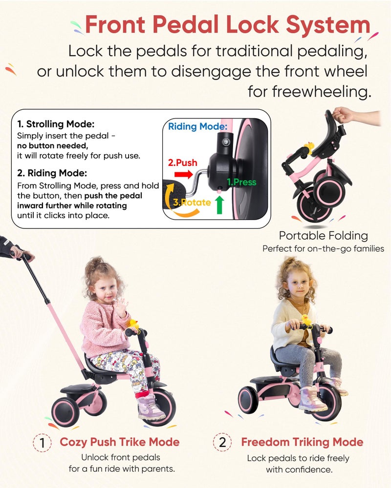 RIDYEE Tricycle for Toddlers 18 Months to 5 Years with Removable Push Handle, Tricycles for 3-5 Year Olds Ideal for On-The-Go Families, Adjustable Carry-Friendly Seat, Pink - Image 2