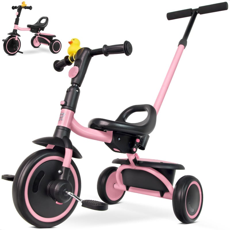 RIDYEE Tricycle for Toddlers 18 Months to 5 Years with Removable Push Handle, Tricycles for 3-5 Year Olds Ideal for On-The-Go Families, Adjustable Carry-Friendly Seat, Pink - Image 1