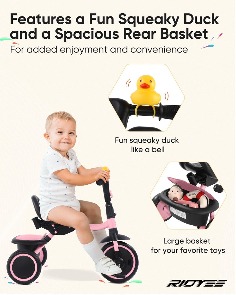 RIDYEE Tricycle for Toddlers 18 Months to 5 Years with Removable Push Handle, Tricycles for 3-5 Year Olds Ideal for On-The-Go Families, Adjustable Carry-Friendly Seat, Pink - Image 3