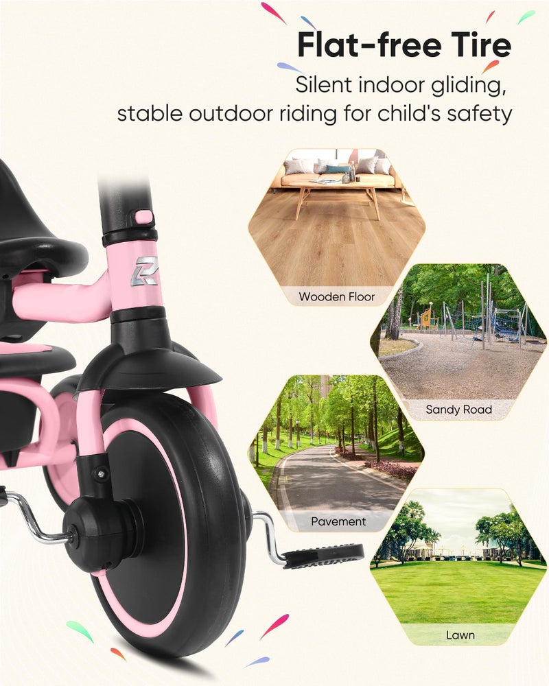 RIDYEE Tricycle for Toddlers 18 Months to 5 Years with Removable Push Handle, Tricycles for 3-5 Year Olds Ideal for On-The-Go Families, Adjustable Carry-Friendly Seat, Pink - Image 5