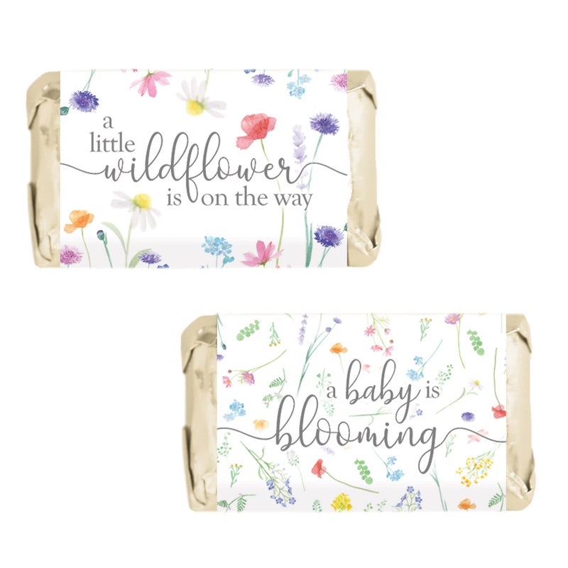 DISTINCTIVS Little Wildflower Baby Shower Mini Chocolate Candy Bar Wrappers, Baby in Bloom She's a Wildflower - 42 Count, Spring and Summer It's a Girl - Image 1