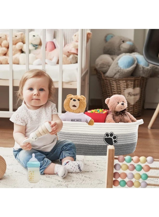 STOBSK Small Woven Baskets for Organizing Rope Storage Basket with Handle Cute Cotton Basket for Nursery Gift Dog Toy Storage Bins for Toy Organizer Grey-white - Image 3