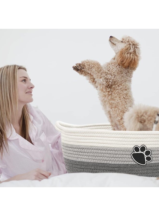 STOBSK Small Woven Baskets for Organizing Rope Storage Basket with Handle Cute Cotton Basket for Nursery Gift Dog Toy Storage Bins for Toy Organizer Grey-white - Image 5