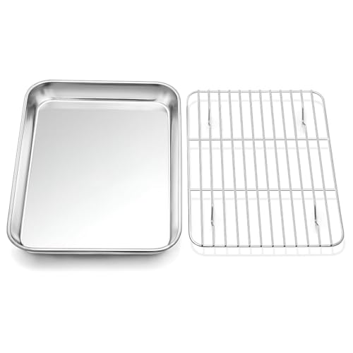 SHREESAMP Stainless Steel Toaster Oven Pan Set – Quarter Sheet Baking Tray with Nonstick Cooling Rack – Rust-Free, Non-Toxic, Dishwasher Safe – Cookies & Snacks (Cooking Tray Small) - Image 1