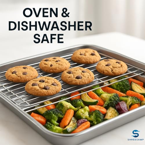 SHREESAMP Stainless Steel Toaster Oven Pan Set – Quarter Sheet Baking Tray with Nonstick Cooling Rack – Rust-Free, Non-Toxic, Dishwasher Safe – Cookies & Snacks (Cooking Tray Small) - Image 5