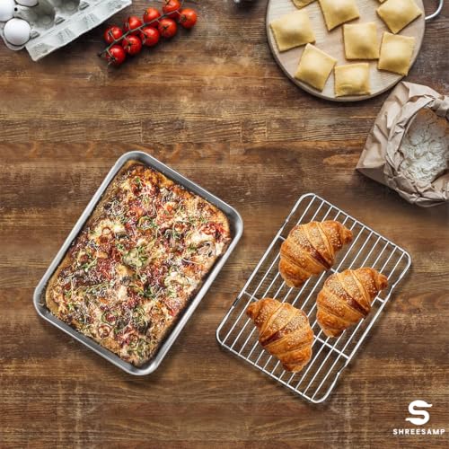 SHREESAMP Stainless Steel Toaster Oven Pan Set – Quarter Sheet Baking Tray with Nonstick Cooling Rack – Rust-Free, Non-Toxic, Dishwasher Safe – Cookies & Snacks (Cooking Tray Small) - Image 4