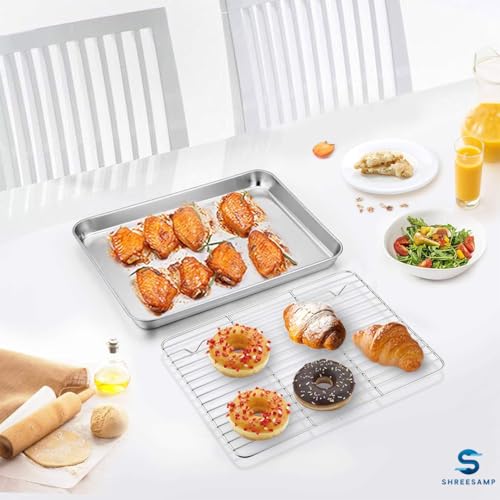 SHREESAMP Stainless Steel Toaster Oven Pan Set – Quarter Sheet Baking Tray with Nonstick Cooling Rack – Rust-Free, Non-Toxic, Dishwasher Safe – Cookies & Snacks (Cooking Tray Small) - Image 2