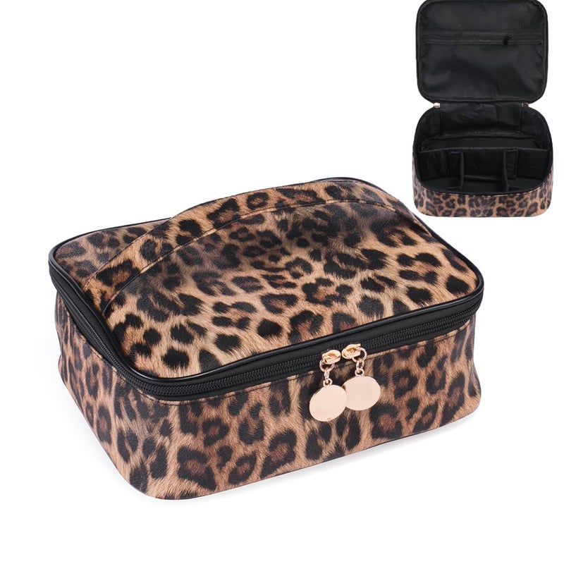 FITINI Makeup Bag Travel Large Toiletry Bag Leopard Portable Cheetah Printed Cosmetic Organizer Pouch with Small Brush Storage Case Gold Zipper Waterproof Adjustable Dividers for Women87x71x34inch - Image 2