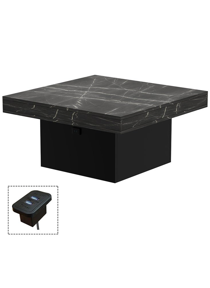 Mahmayi Mahmayi Modern Coffee Table Square Shape Tabletop with BS02 USB Port for Living Room, Study Room and Office - Black Pietra Grigia and Black  - Image 1