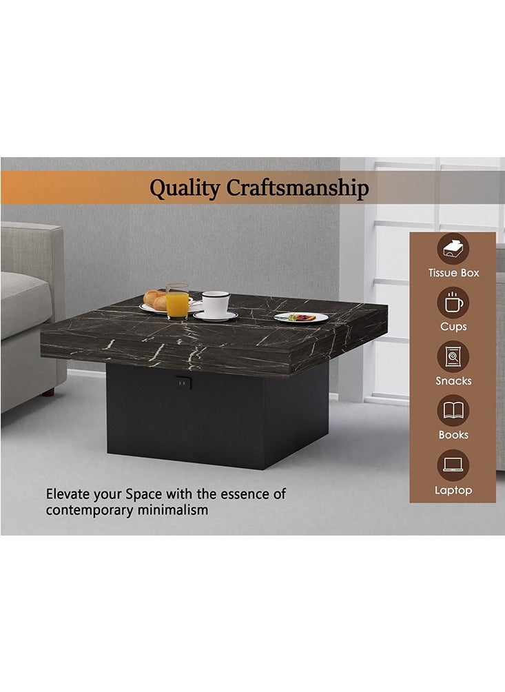 Mahmayi Mahmayi Modern Coffee Table Square Shape Tabletop with BS02 USB Port for Living Room, Study Room and Office - Black Pietra Grigia and Black  - Image 3