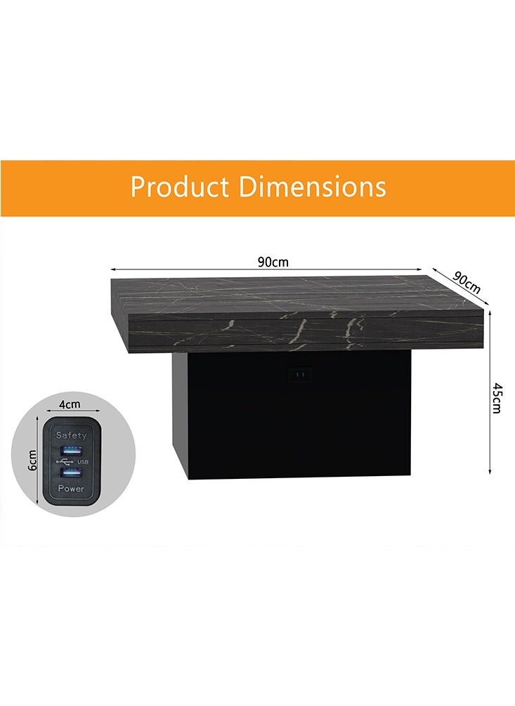 Mahmayi Mahmayi Modern Coffee Table Square Shape Tabletop with BS02 USB Port for Living Room, Study Room and Office - Black Pietra Grigia and Black  - Image 5