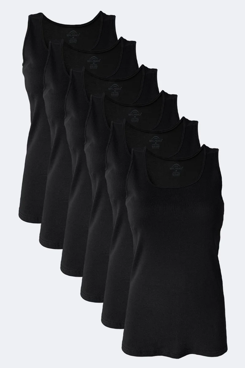 Malabadi Women's Black 6 Pack 100% Cotton Rib Thick Strap Undershirt 106-E