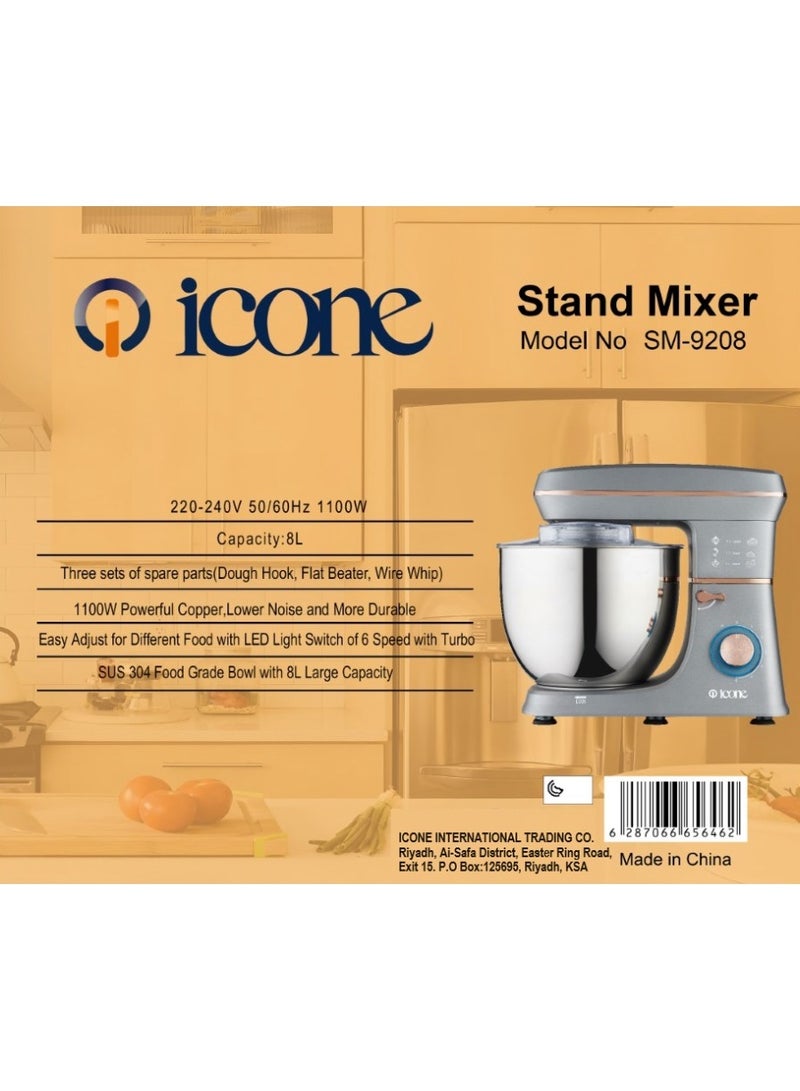 iCone Electric mixer with 8-liter bowl - 1100-watt turbo motor - 6 speeds - LED light switch - 50/60 Hz - 220-240 V - SM-9208 - Image 3