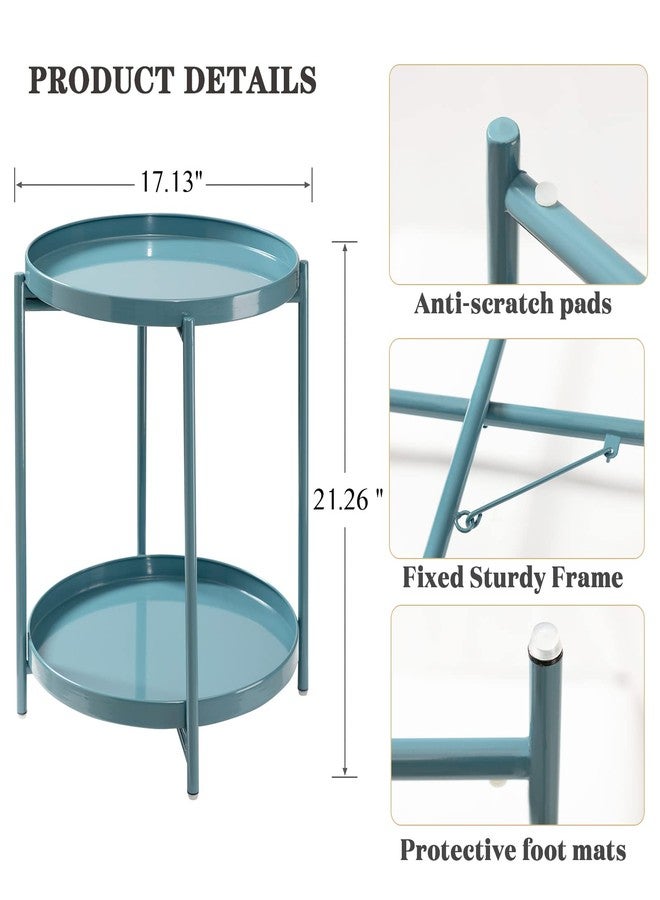 TeoKJ 2 Tier Round Side Table, Folding Metal End Tables Small Nightstand Accent Table with Two Removable Tray for Bedroom Living Room Bedside Small Spaces Blue Gray - Image 3