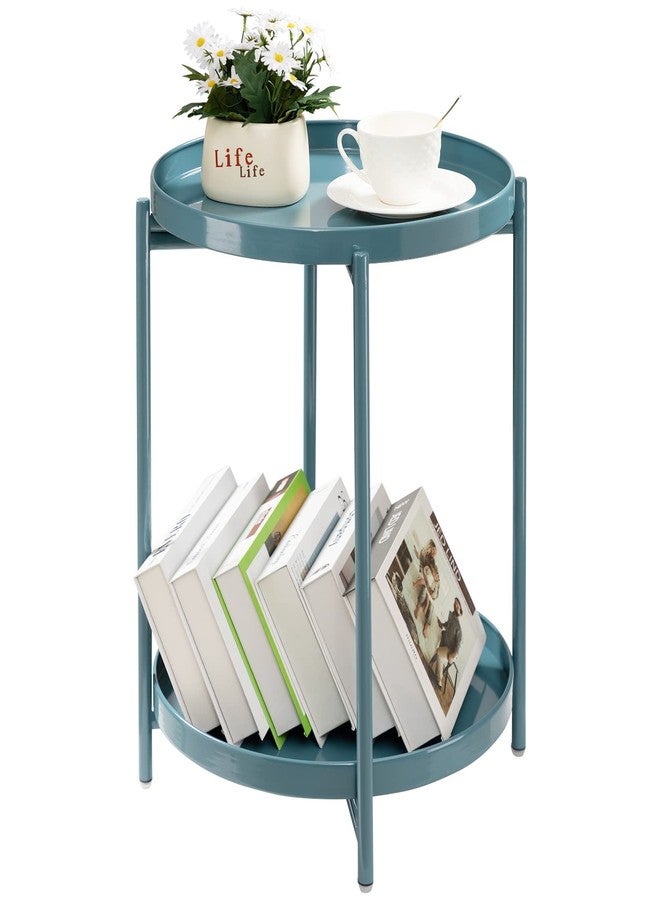 TeoKJ 2 Tier Round Side Table, Folding Metal End Tables Small Nightstand Accent Table with Two Removable Tray for Bedroom Living Room Bedside Small Spaces Blue Gray - Image 1